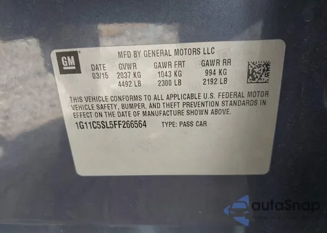 2015 Chevrolet Malibu 1Lt из США, поврежденный, VIN 1G11C5SL5FF266564